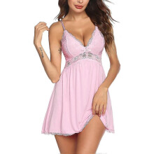 (Pink, XX-Large) Avidlove Women Babydoll Nightgown Chemises Lace Modal Sleepwear V-neck Full Slip Sleep Dress