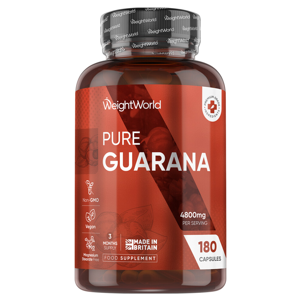 Weightworld Caffeine Supplement With No Jitter - 180 Vegan Guarana Capsules - 3 Month Supply
