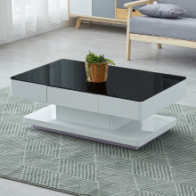 Luxury Glass Coffee Table High Gloss Finish With Storage Drawers & Shelves Black top
