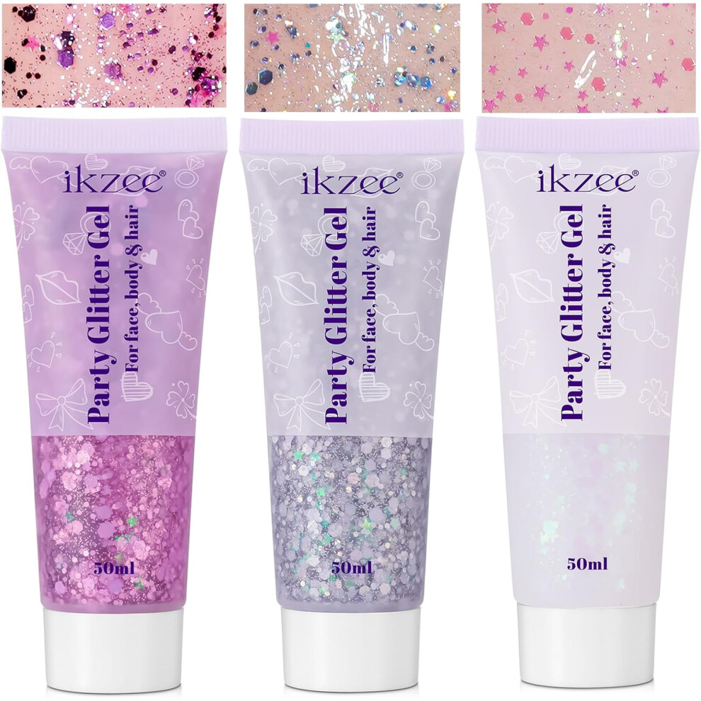 Gogerstar Pink,Silver 3Pcs Body Glitter Gel, 50Ml Mermaid Silver Pink Face Hair Glitter Gel Sequins Shimmer Liquid Eyeshadow, Liquid Holographic Glitter Gel, Chunky Glitter