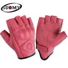 (S, without hole Pink) Goatskin Leather Motorcycle Gloves Motocross Fingerless Gloves Half Finger Summer Retro Vintage Racing Men Women