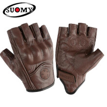 (XXL, without hole Brown) Goatskin Leather Motorcycle Gloves Motocross Fingerless Gloves Half Finger Summer Retro Vintage Racing Men Women