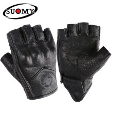 (XXL, with Hole Black) Goatskin Leather Motorcycle Gloves Motocross Fingerless Gloves Half Finger Summer Retro Vintage Racing Men Women