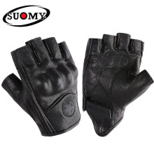 (L, without hole Black) Goatskin Leather Motorcycle Gloves Motocross Fingerless Gloves Half Finger Summer Retro Vintage Racing Men Women