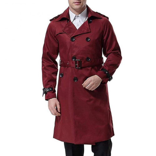 (S, Red) Mens Slim Fit Belt Double Breasted Trench Coat 2
