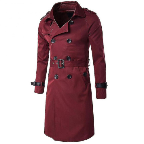 (S, Red) Mens Slim Fit Belt Double Breasted Trench Coat