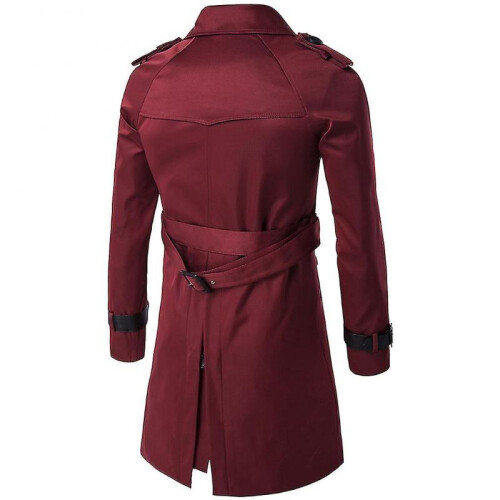 (M, Red) Mens Slim Fit Belt Double Breasted Trench Coat 1