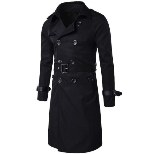 (M, Black) Mens Slim Fit Belt Double Breasted Trench Coat