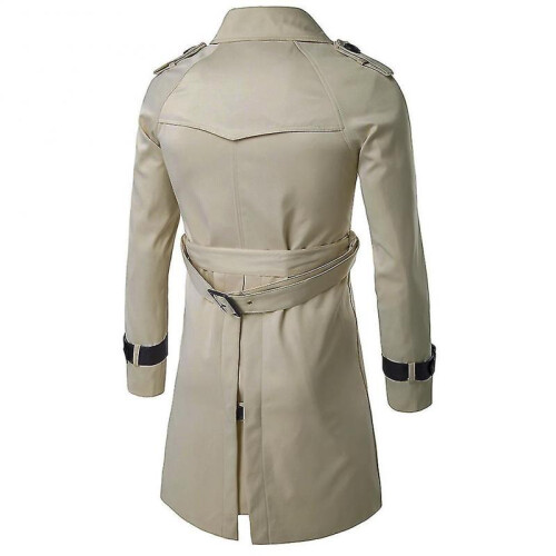 (M, Khaki) Mens Slim Fit Belt Double Breasted Trench Coat 1