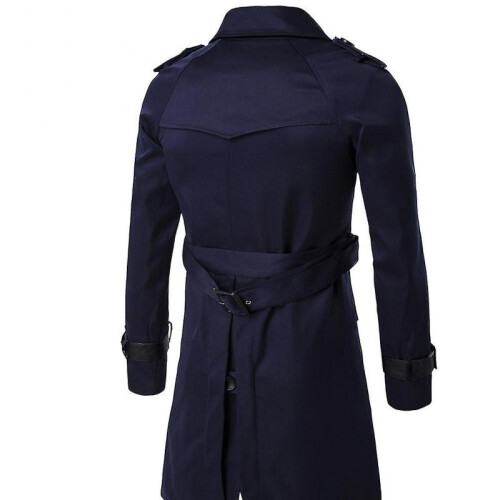 (M, Dark Blue) Mens Slim Fit Belt Double Breasted Trench Coat 1