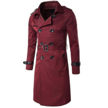 (L, Red) Mens Slim Fit Belt Double Breasted Trench Coat