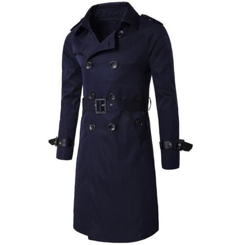 (M, Dark Blue) Mens Slim Fit Belt Double Breasted Trench Coat