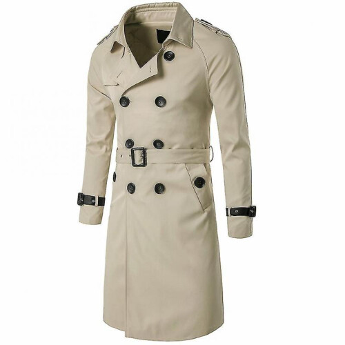 (L, Khaki) Mens Slim Fit Belt Double Breasted Trench Coat