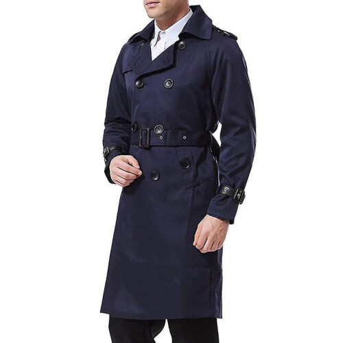 (M, Dark Blue) Mens Slim Fit Belt Double Breasted Trench Coat 2