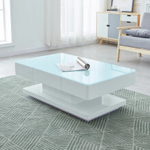 Luxury Glass Coffee Table High Gloss Finish With Storage Drawers & Shelves Clear Glass Top