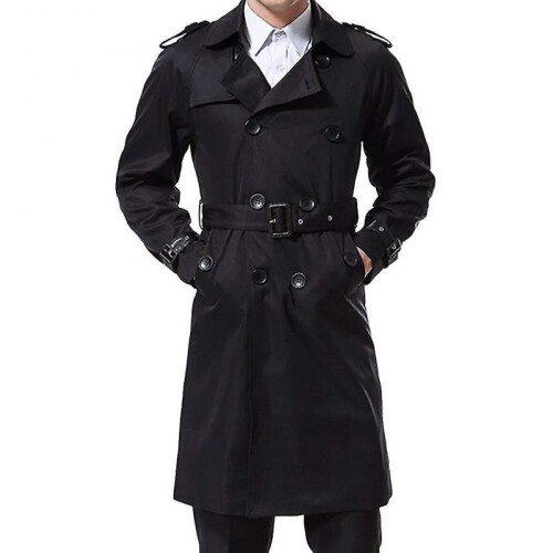 (S, Black) Mens Slim Fit Belt Double Breasted Trench Coat 2