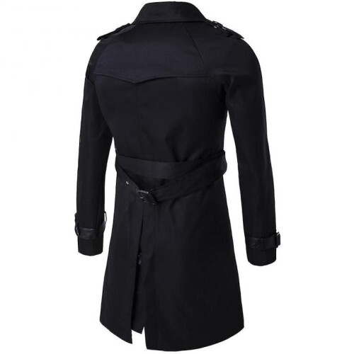 (S, Black) Mens Slim Fit Belt Double Breasted Trench Coat 1