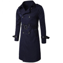 (S, Dark Blue) Mens Slim Fit Belt Double Breasted Trench Coat