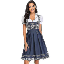 (L, Style5 Dark Blue) High Quality Traditional German Plaid Dirndl Dress Oktoberfest Costume Outfit For Adult Women Halloween Cosplay Fancy Party