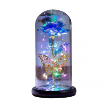 (Blue) Qinhai Eternal Rose Flower Romantic Attractive With Wood Pedestal Galaxy Fairy Dome Rose Led Light Decor For Valentine's Day Excellent