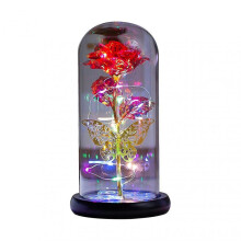 (Red) Qinhai Eternal Rose Flower Romantic Attractive With Wood Pedestal Galaxy Fairy Dome Rose Led Light Decor For Valentine's Day Excellent