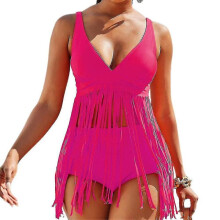 (L, Rose Red) Women Padded Fringe Tankini Swimwear Tank Top Boyshorts Bikini Set Swimsuit Beach Bathing Suit