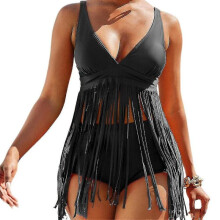 (S, Black) Women Padded Fringe Tankini Swimwear Tank Top Boyshorts Bikini Set Swimsuit Beach Bathing Suit