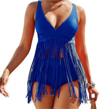 (2XL, Royal Blue) Women Padded Fringe Tankini Swimwear Tank Top Boyshorts Bikini Set Swimsuit Beach Bathing Suit