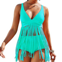(L, Light Blue) Women Padded Fringe Tankini Swimwear Tank Top Boyshorts Bikini Set Swimsuit Beach Bathing Suit