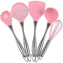 5pcs Pink Stainless Steel Handle Silicone Cooking Tool Sets Egg Beater Spoon Spatula Kitchenware Kitchen Utensils Set
