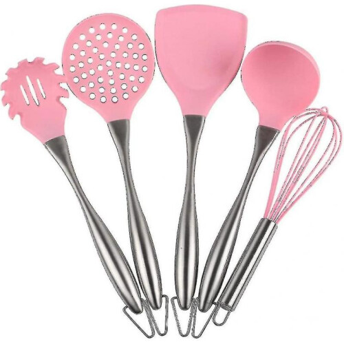 5pcs Pink Stainless Steel Handle Silicone Cooking Tool Sets Egg Beater Spoon Spatula Kitchenware Kitchen Utensils Set