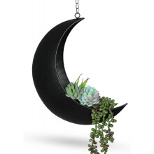 (black) Black Hanging Moon Planter with Drain Holes - Boho Witchy Room Decor for Succulents, Air Plants - Unique Gift for Plant Lovers, Women