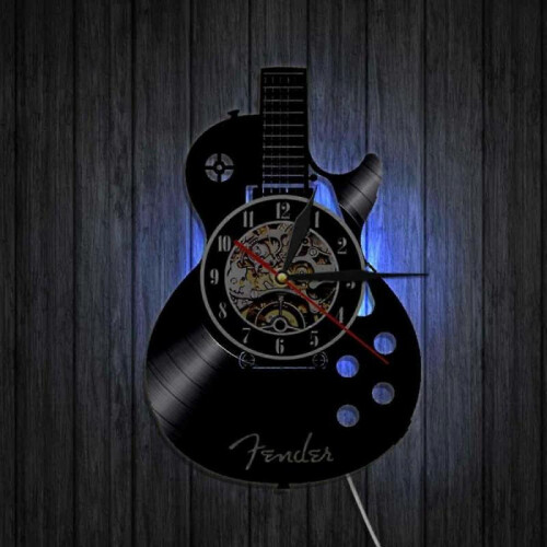 12-Inch Vinyl Record Wall Clock with Lamp Living Room Study Retro Guitar Cd Record Wall Clock Mute Custom Clock 1