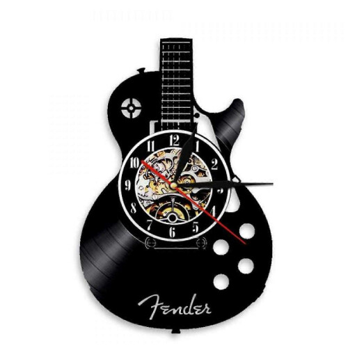 12-Inch Vinyl Record Wall Clock with Lamp Living Room Study Retro Guitar Cd Record Wall Clock Mute Custom Clock
