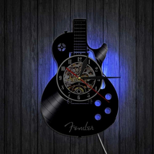 12-Inch Vinyl Record Wall Clock with Lamp Living Room Study Retro Guitar Cd Record Wall Clock Mute Custom Clock 2