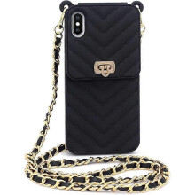 Iphone6 / 7 / 8 / se2 wallet mobile phone case with neck and messenger chain credit card slot girl women's Silicone shockproof mobile phone caseBlack