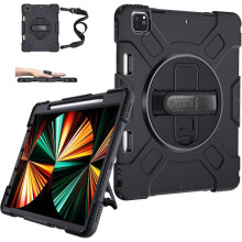 iPad Pro 12.9 4th Generation Case 2020 with Pencil Holder Support Pencil Charging- Heavy Duty Anti-drop Protective Cover Hand Strap Shoulder Strap Sta