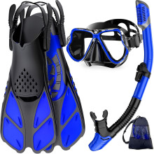 (L, Blue Black) Snorkel Set Adults with Flippers, Snorkel Mask with Adjustable Swim Fins, Snorkelling Packages with Carrying Bag for Beginners and Snorkelers