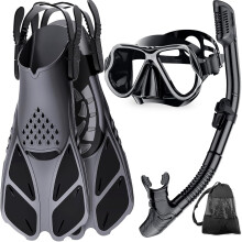 (M, Blcak) Snorkel Set Adults with Flippers, Snorkel Mask with Adjustable Swim Fins, Snorkelling Packages with Carrying Bag for Beginners and Snorkelers