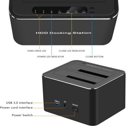Hard Drive Docking Station Dual Bay 2.5'/3.5' USB 3.0 Duplicator Clone Function 2