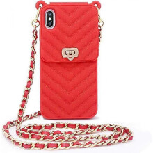 IPhone 12mini wallet mobile phone case with neck and messenger chain credit card slot girl women's Silicone shockproof mobile phone caseRed