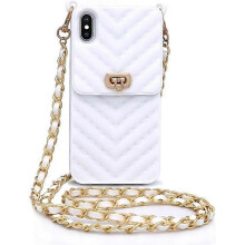 IPhone 12 Pro Max wallet case with neck and messenger chain credit card slot girl women's Silicone shockproof caseWhite