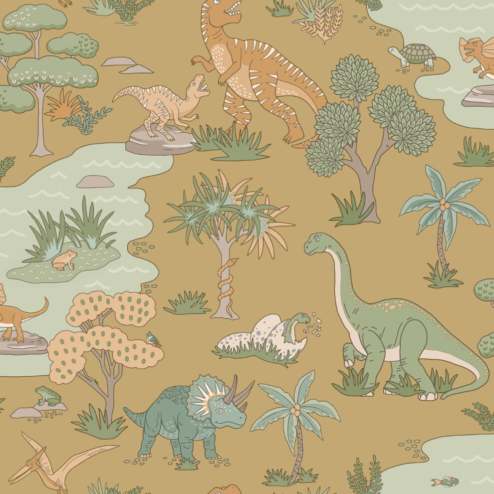 (Ochre) Dino Zoo Wallpaper Holden 5022976140110