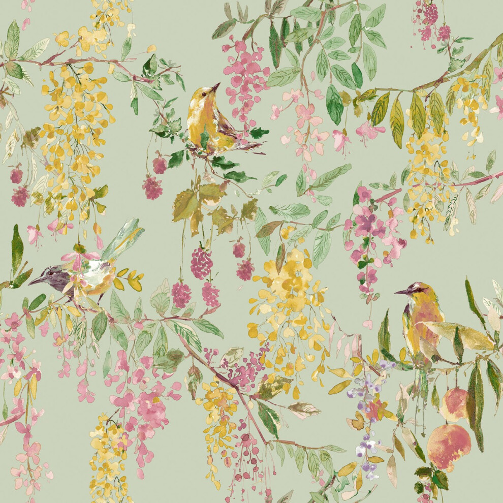 (Green/Pink) Blackberry Trail Wallpaper Grandeco 5411012524845