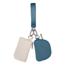 (Beige-Blue) Mini Portable Detachable Dual Pouch Wristlet Small Keychain Wallet Coin Purse Handbag