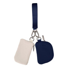(Beige-Black) Mini Portable Detachable Dual Pouch Wristlet Small Keychain Wallet Coin Purse Handbag