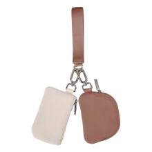 (Beige-Brow) Mini Portable Detachable Dual Pouch Wristlet Small Keychain Wallet Coin Purse Handbag