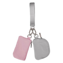 (Pink-Grey) Mini Portable Detachable Dual Pouch Wristlet Small Keychain Wallet Coin Purse Handbag