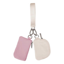 (Pink-Beige) Mini Portable Detachable Dual Pouch Wristlet Small Keychain Wallet Coin Purse Handbag
