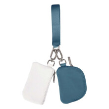 (White-Blue) Mini Portable Detachable Dual Pouch Wristlet Small Keychain Wallet Coin Purse Handbag